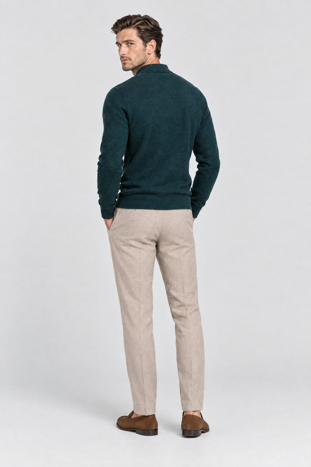 The Richmond Knitted Polo in Bottle Green, back view