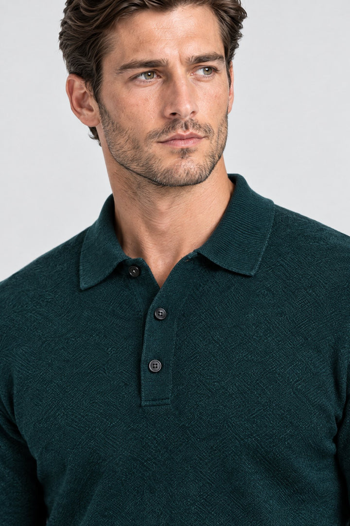 The Richmond Knitted Polo in Bottle Green, detail