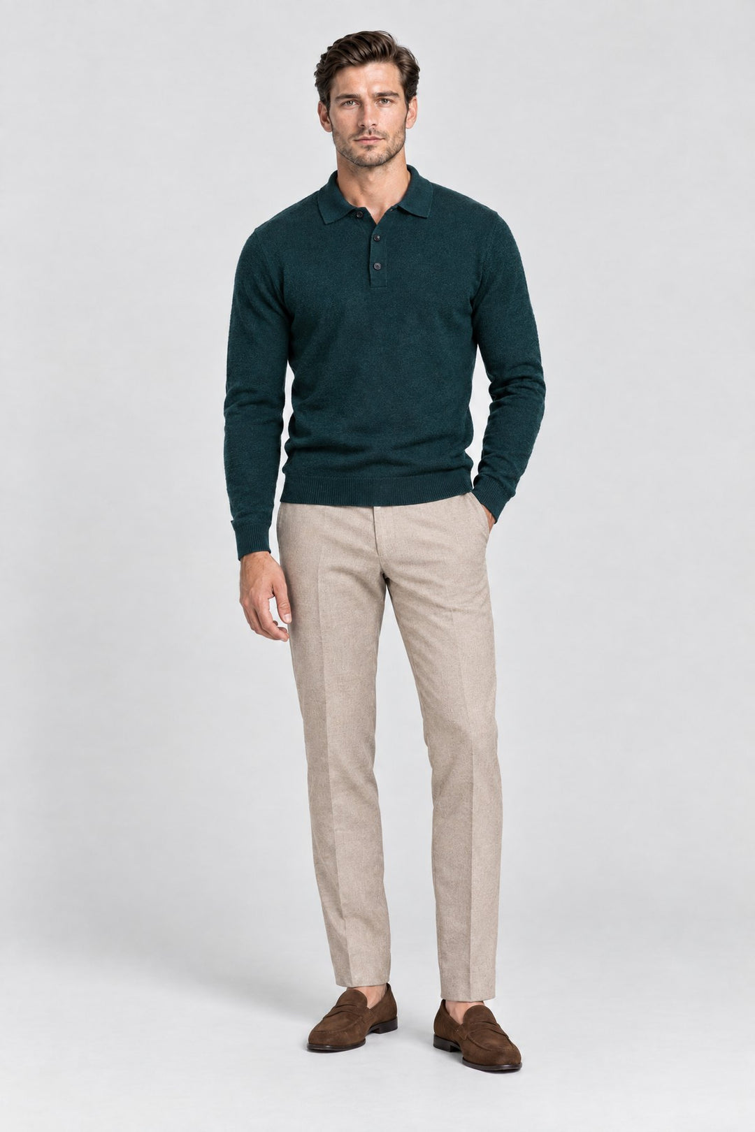 The Richmond Knitted Polo in Bottle Green, full length