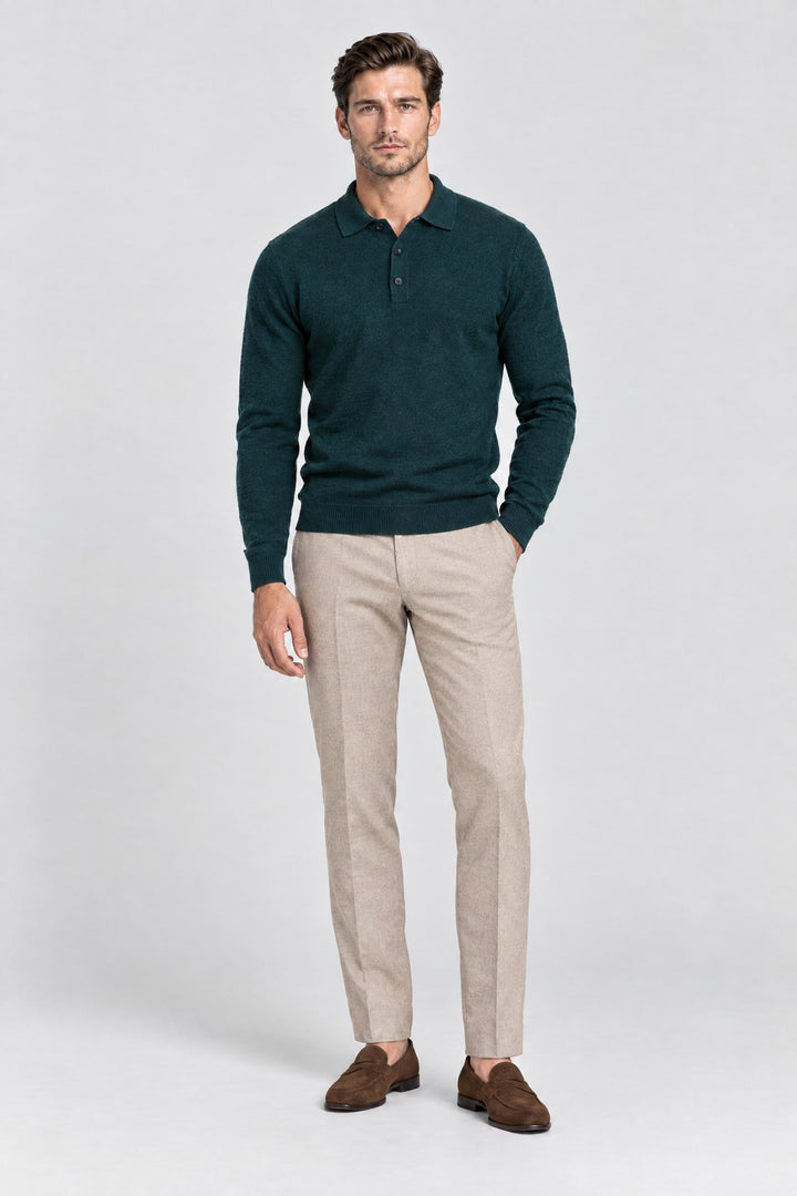 The Richmond Knitted Polo in Bottle Green, full length