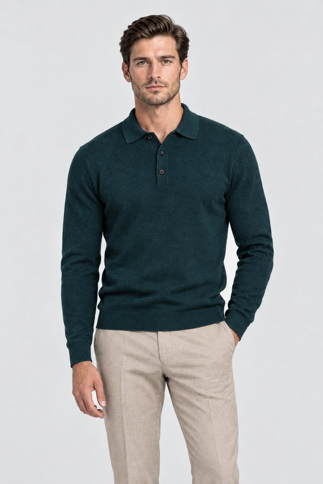 The Richmond Knitted Polo in Bottle Green worn by model