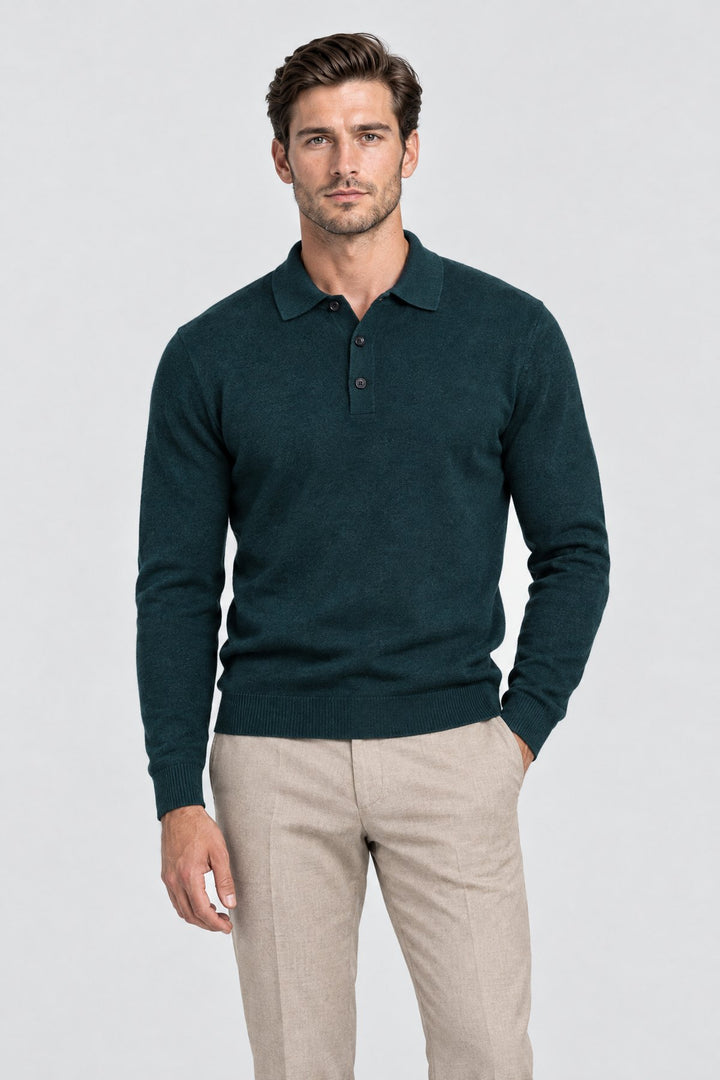 The Richmond Knitted Polo in Bottle Green worn by model