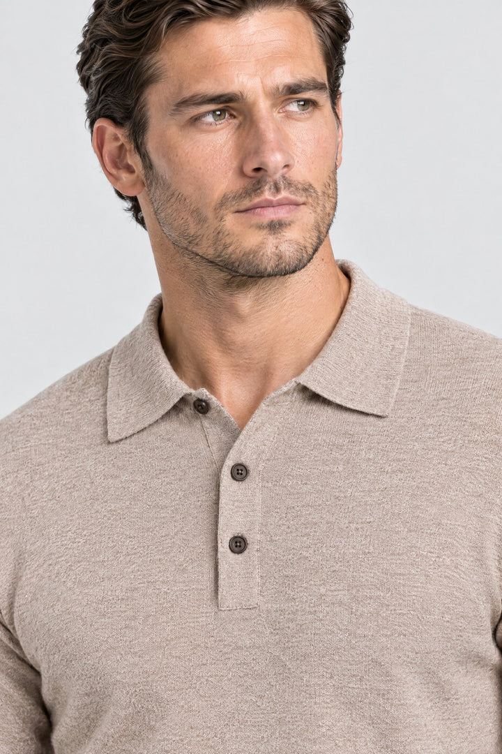 The Richmond Knitted Polo in Camel, detail