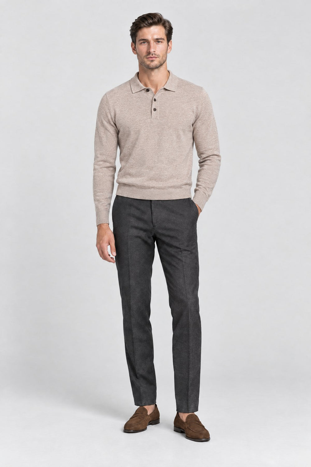 The Richmond Knitted Polo in Camel worn by model — full length