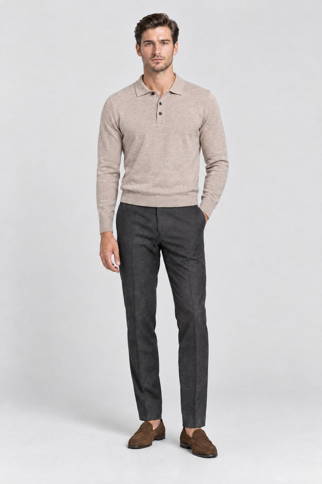 The Richmond Knitted Polo in Camel worn by model — full length