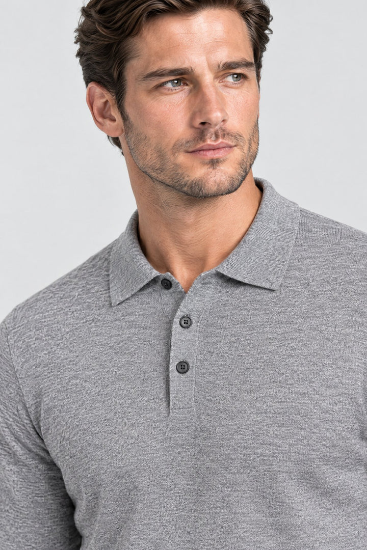 The Richmond Knitted Polo in Light Grey, detail