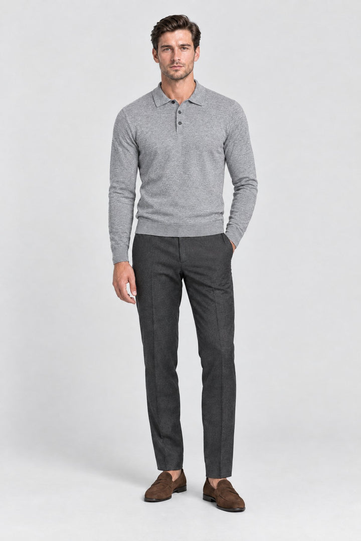 The Richmond Knitted Polo in Light Grey, full length