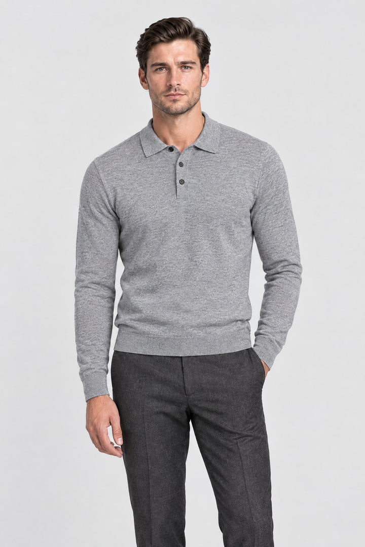 The Richmond Knitted Polo in Light Grey worn by model