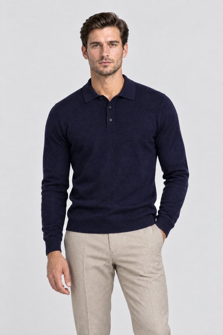 The Richmond Knitted Polo in Navy worn by model