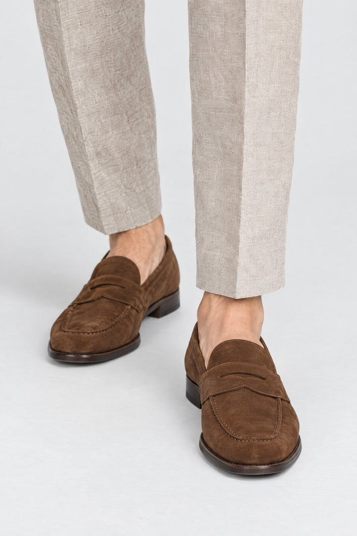 The Savile Suede Loafer in Tobacco, close-up