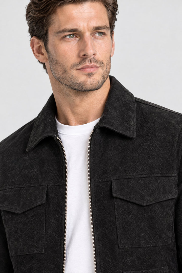 The Soho Suede Jacket in Black, detail