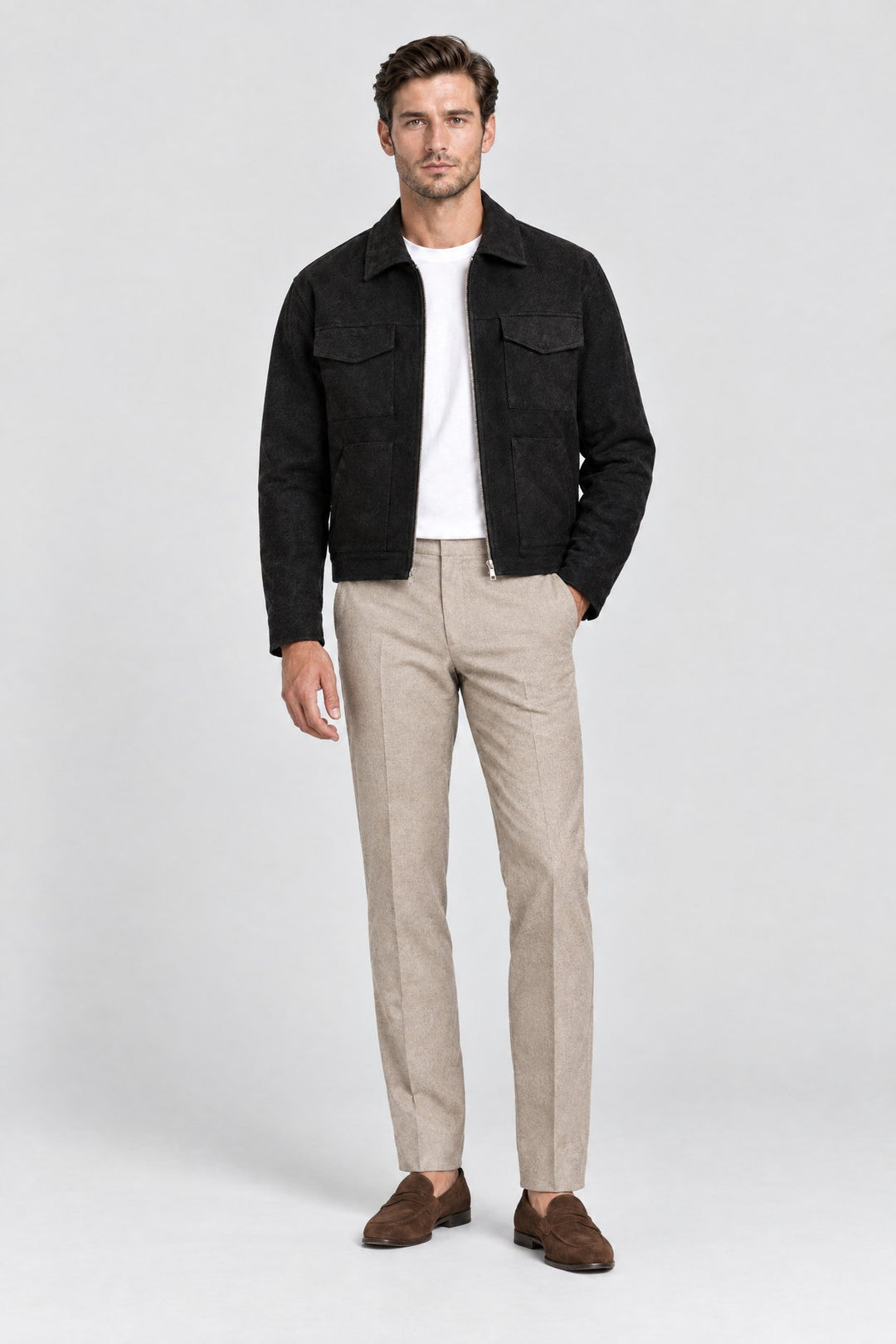The Soho Suede Jacket in Black, full length