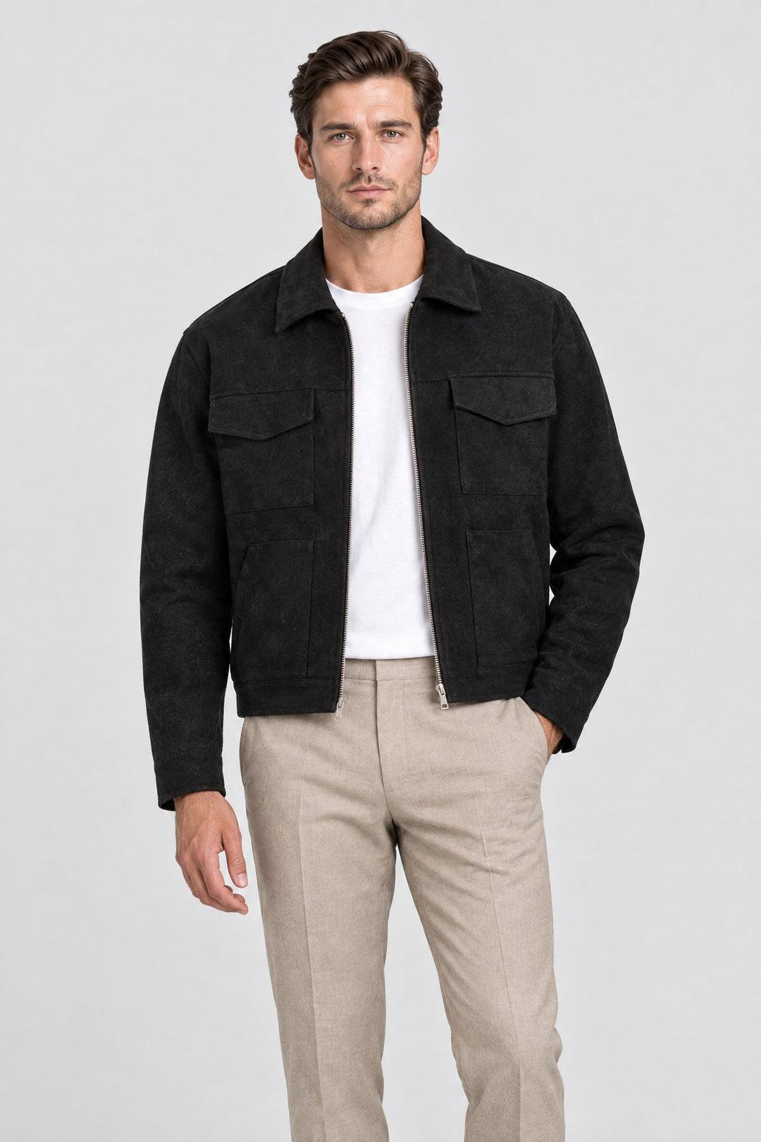 The Soho Suede Jacket in Black, on model