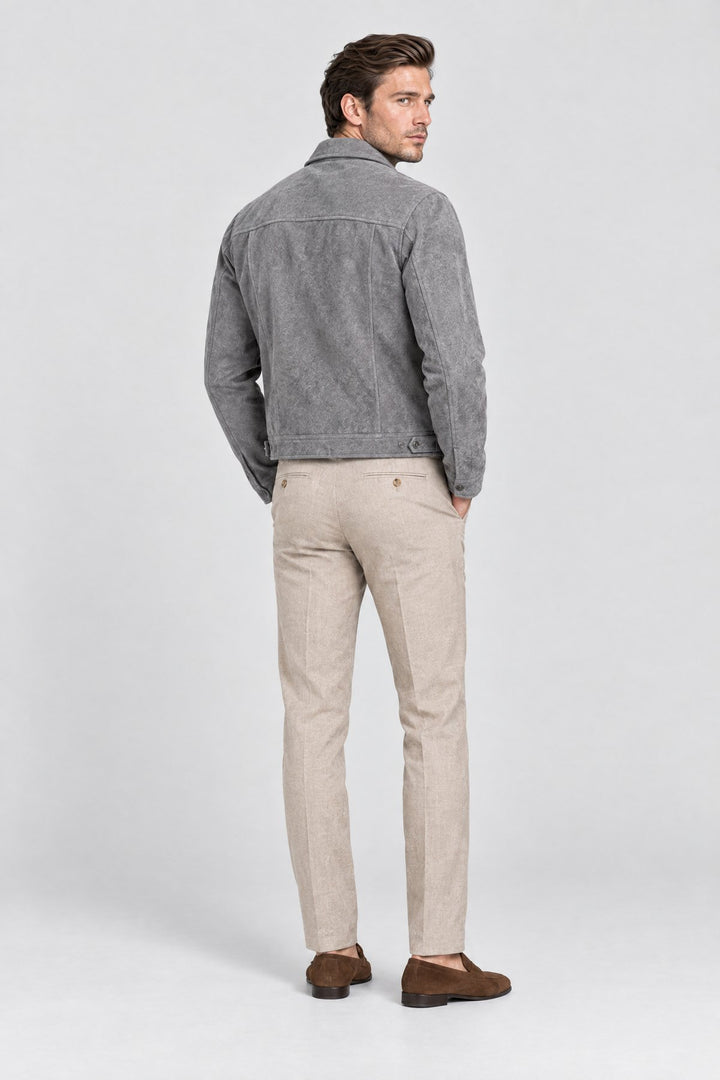 The Soho Suede Jacket in Grey, back view