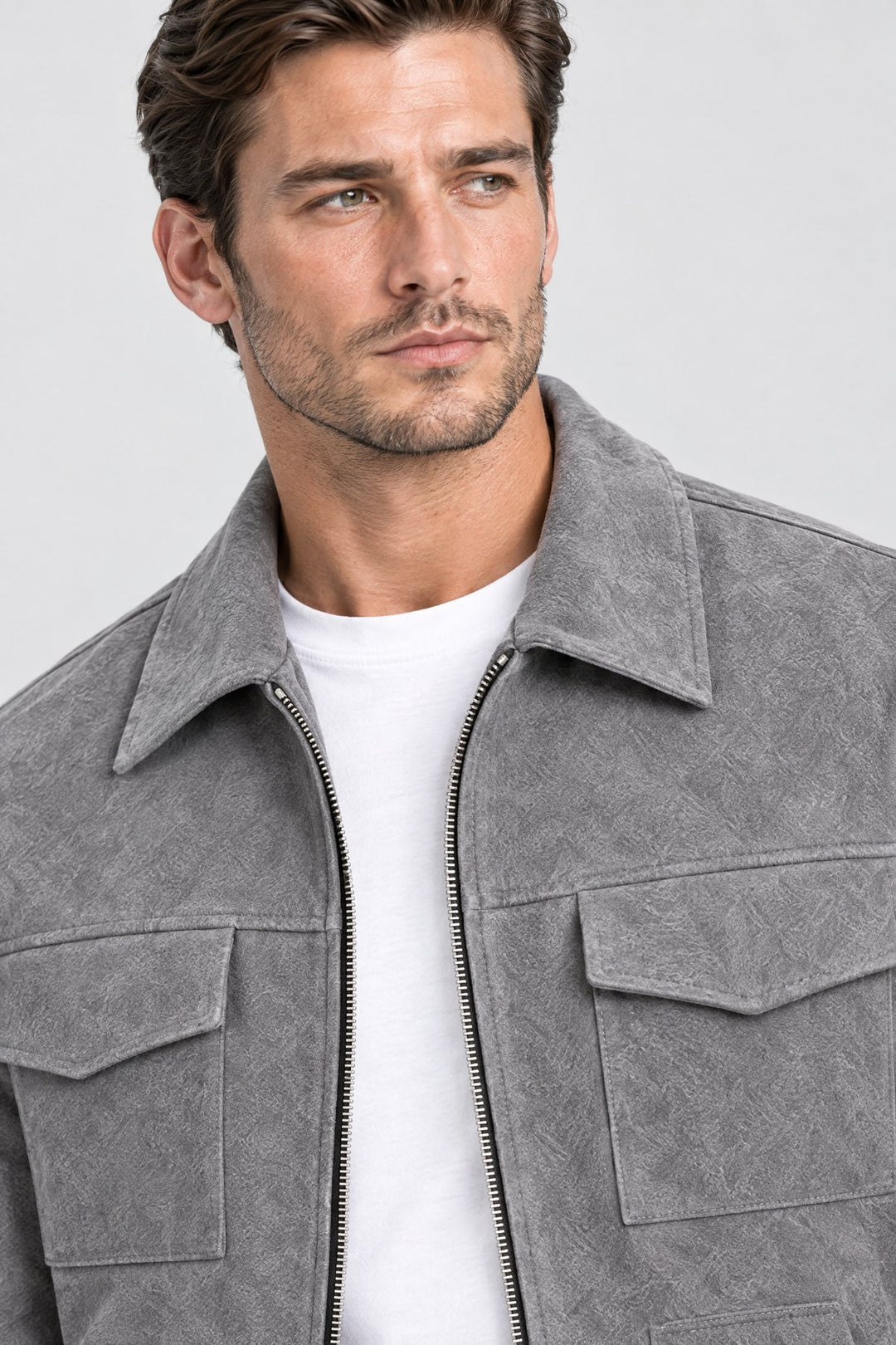 The Soho Suede Jacket in Grey, detail