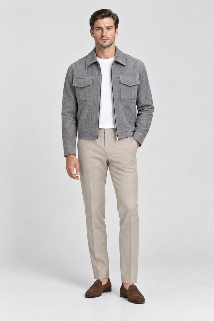 The Soho Suede Jacket in Grey, on model