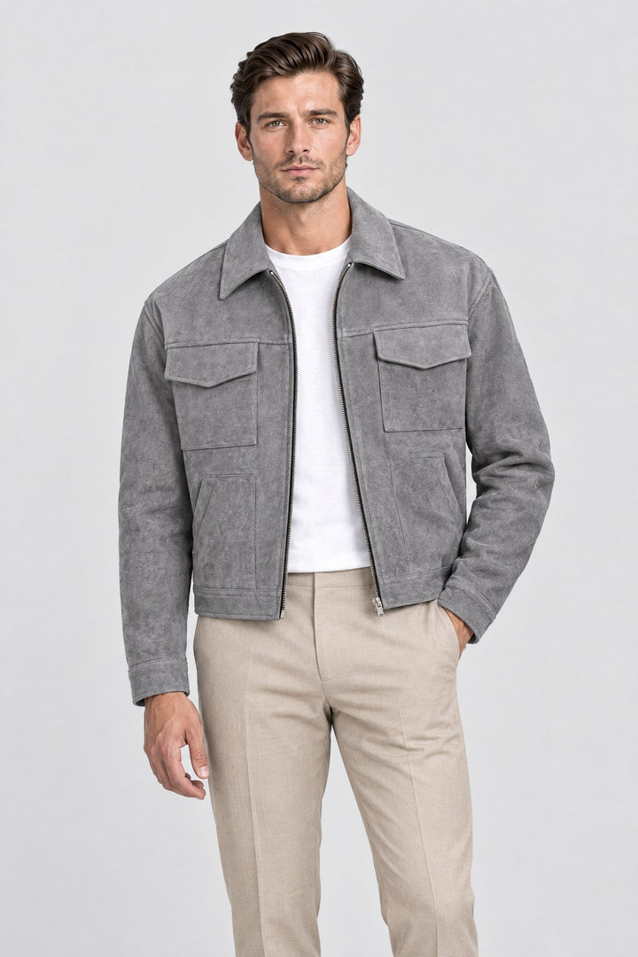 The Soho Suede Jacket in Grey, on model