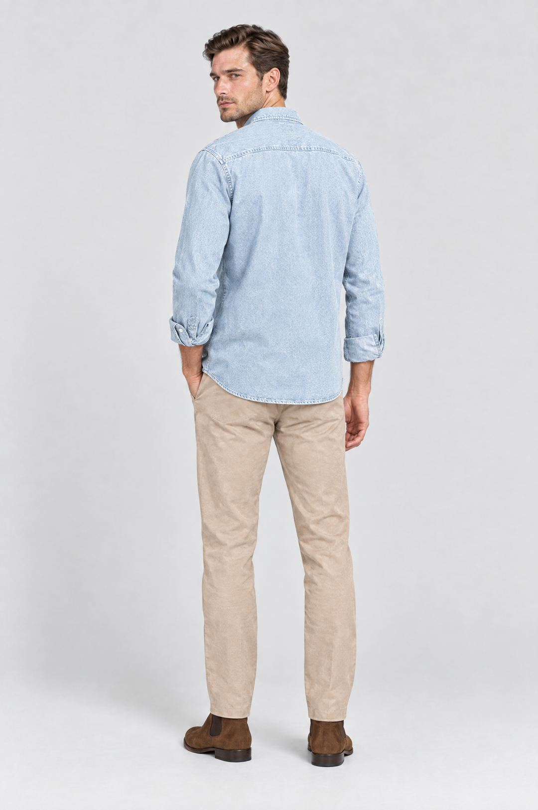The Southwark Denim Shirt in Light Wash, on model, back view