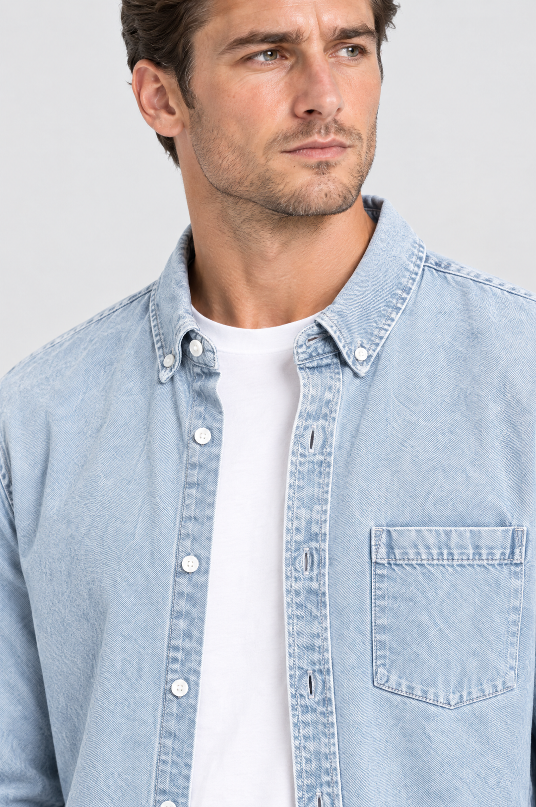The Southwark Denim Shirt in Light Wash, close-up detail