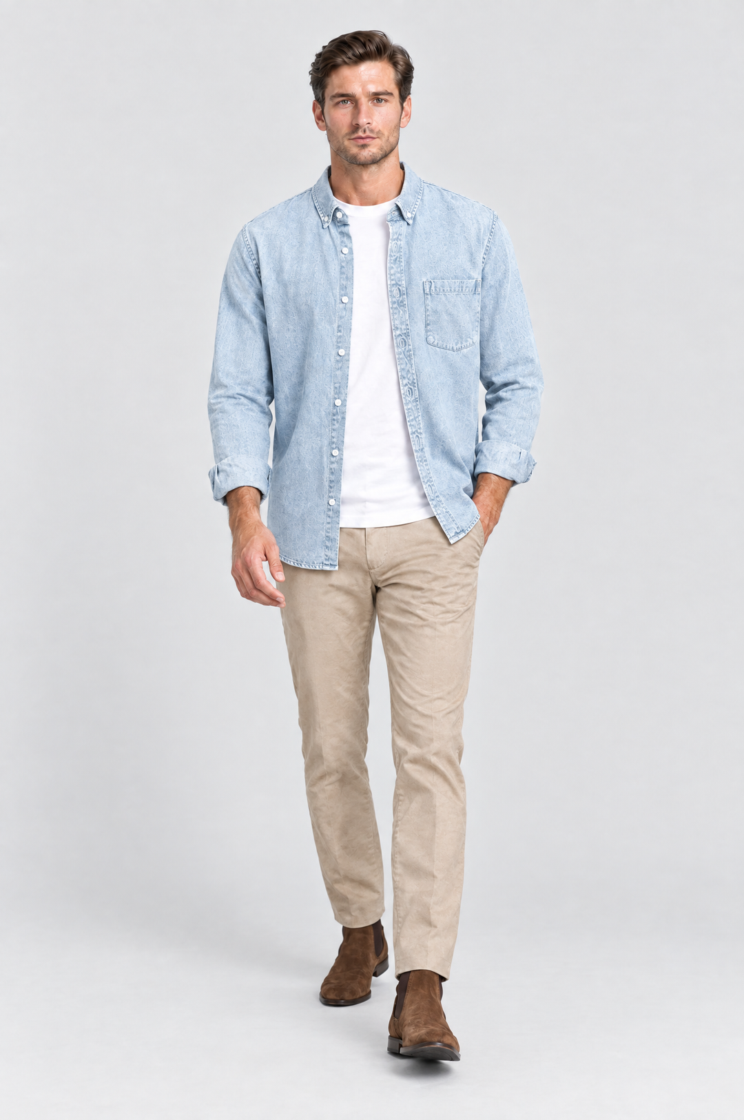 The Southwark Denim Shirt in Light Wash, on model, full length