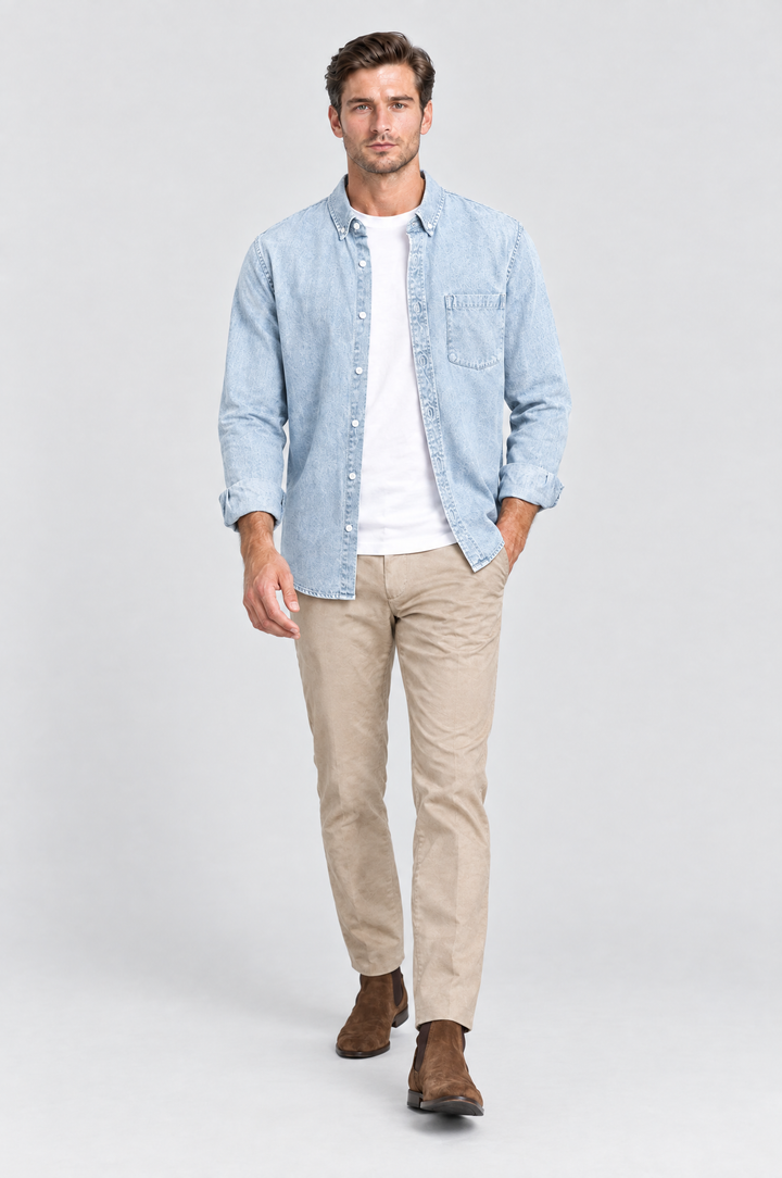 The Southwark Denim Shirt in Light Wash, on model, full length