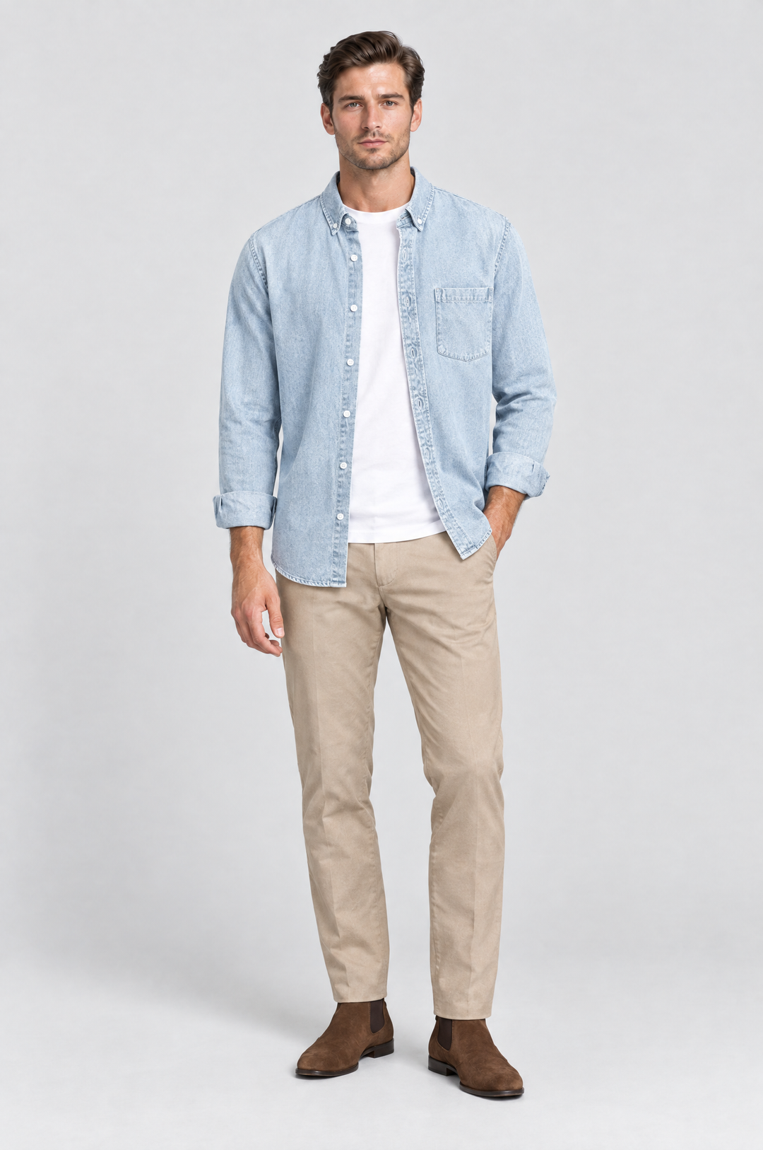 The Southwark Denim Shirt in Light Wash, on model, front