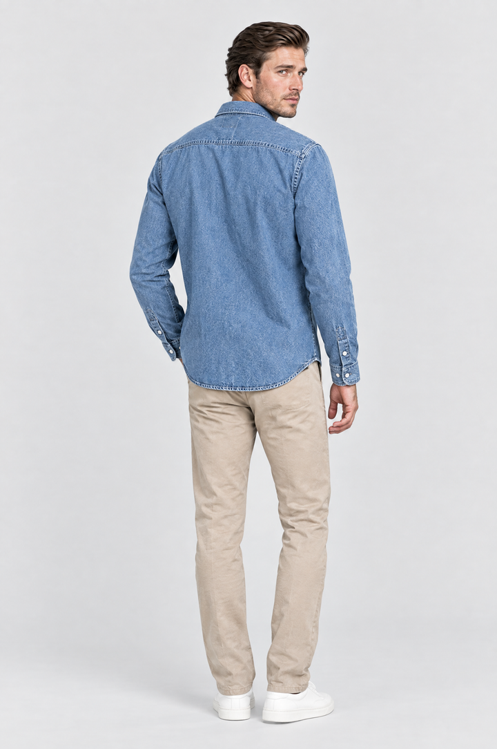 The Southwark Denim Shirt in Mid Wash, on model, back view