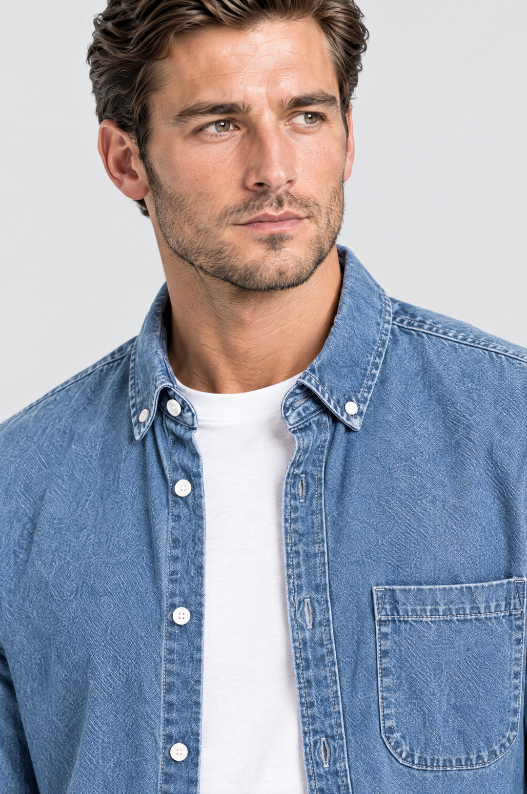 The Southwark Denim Shirt in Mid Wash, close-up detail