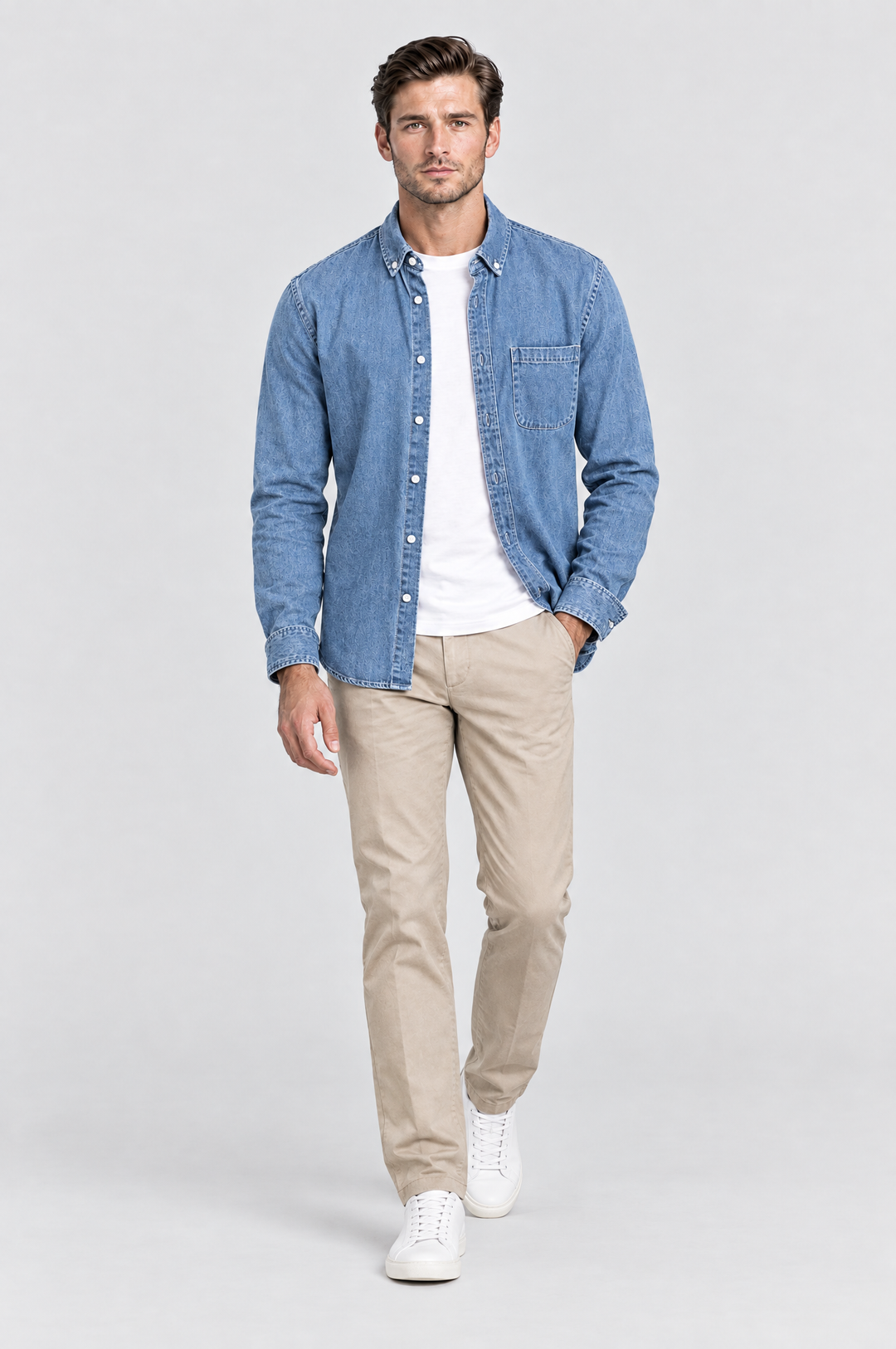The Southwark Denim Shirt in Mid Wash, on model, full length