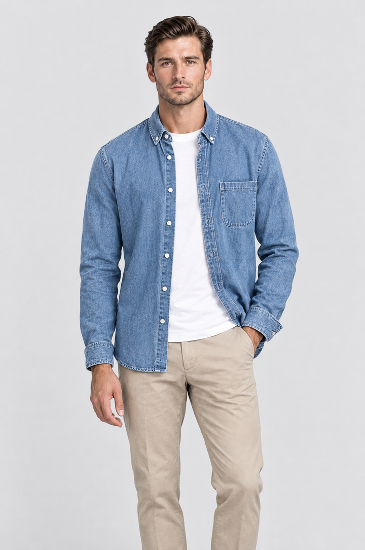 The Southwark Denim Shirt in Mid Wash, on model, front