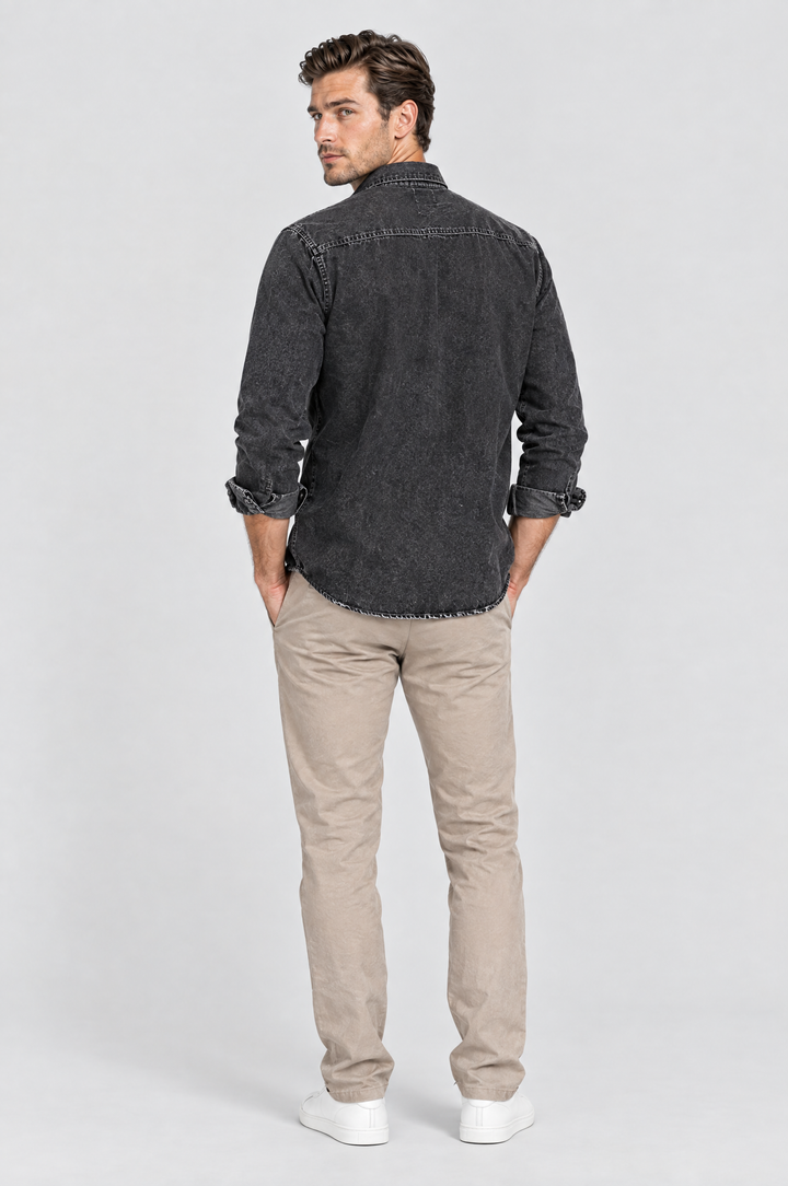 The Southwark Denim Shirt in Washed Black, on model, back view