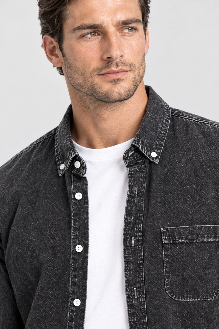 The Southwark Denim Shirt in Washed Black, close-up detail