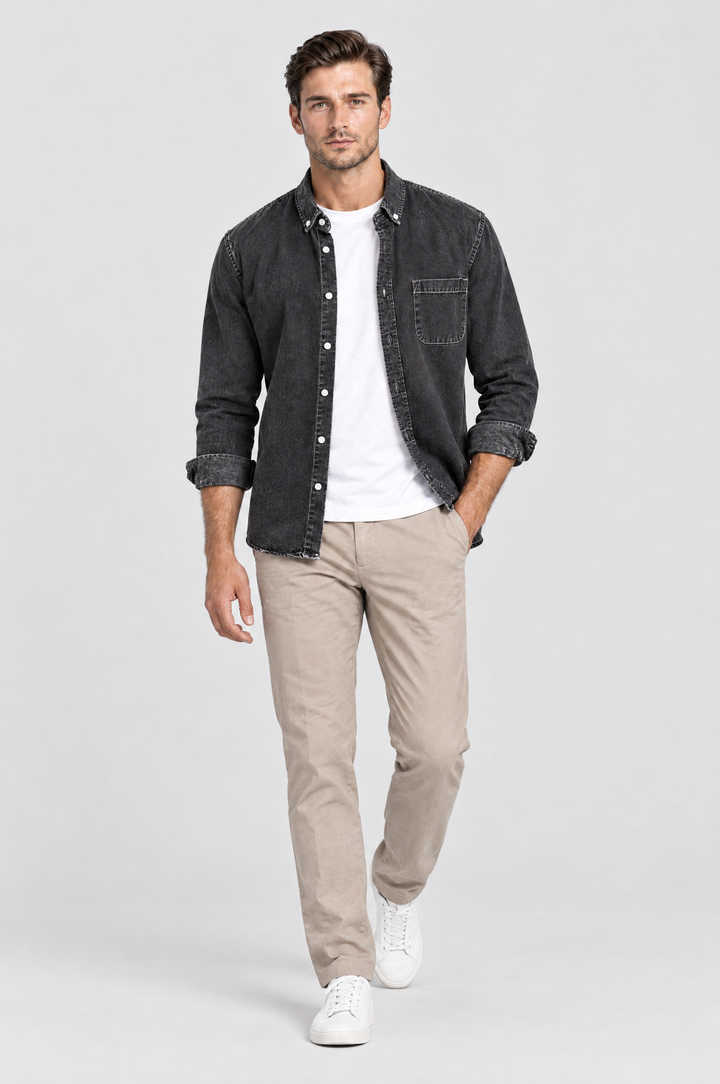 The Southwark Denim Shirt in Washed Black, on model, full length