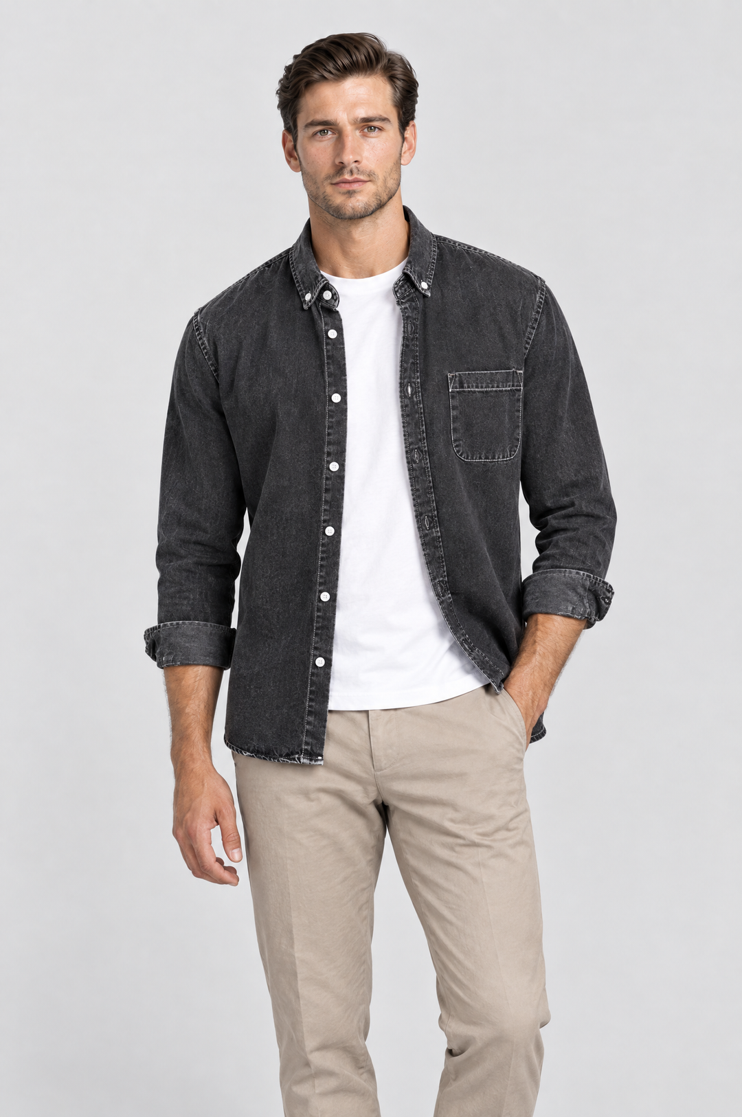 The Southwark Denim Shirt in Washed Black, on model, front