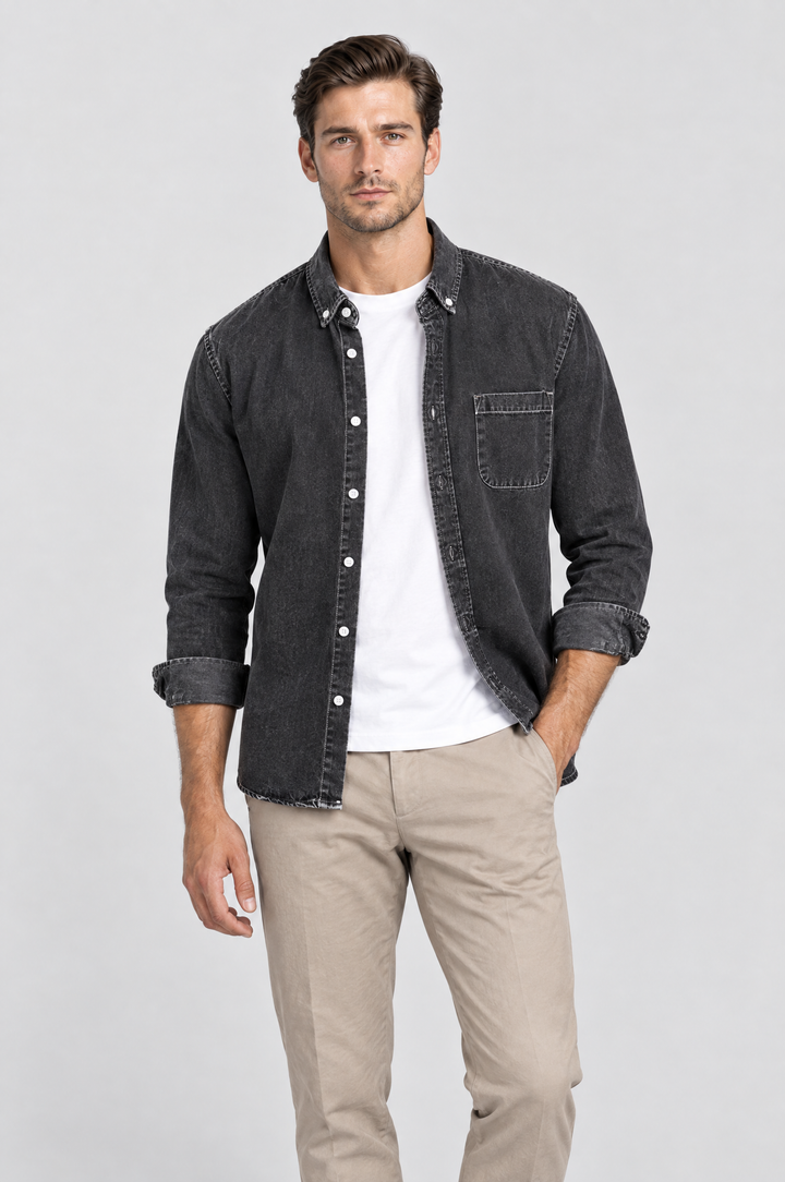 The Southwark Denim Shirt in Washed Black, on model, front