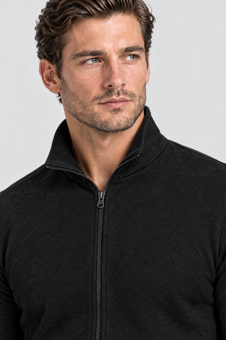The Stratford Track Jacket in Black, close-up detail