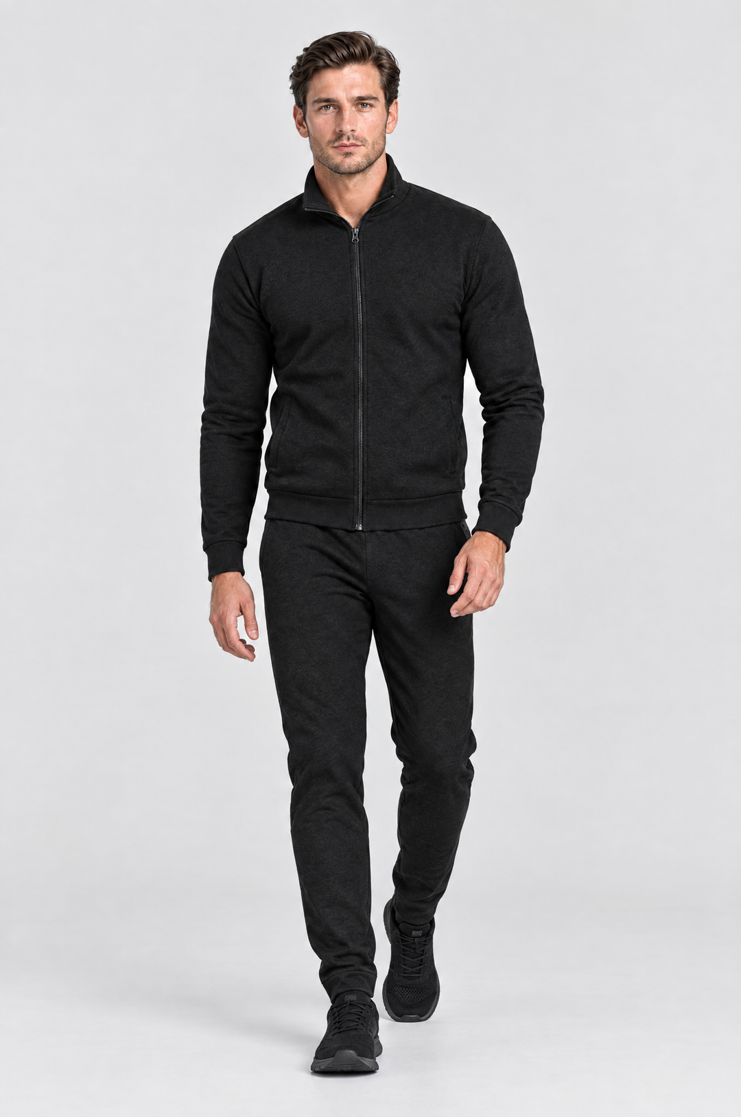 The Stratford Track Jacket in Black, on model, full length