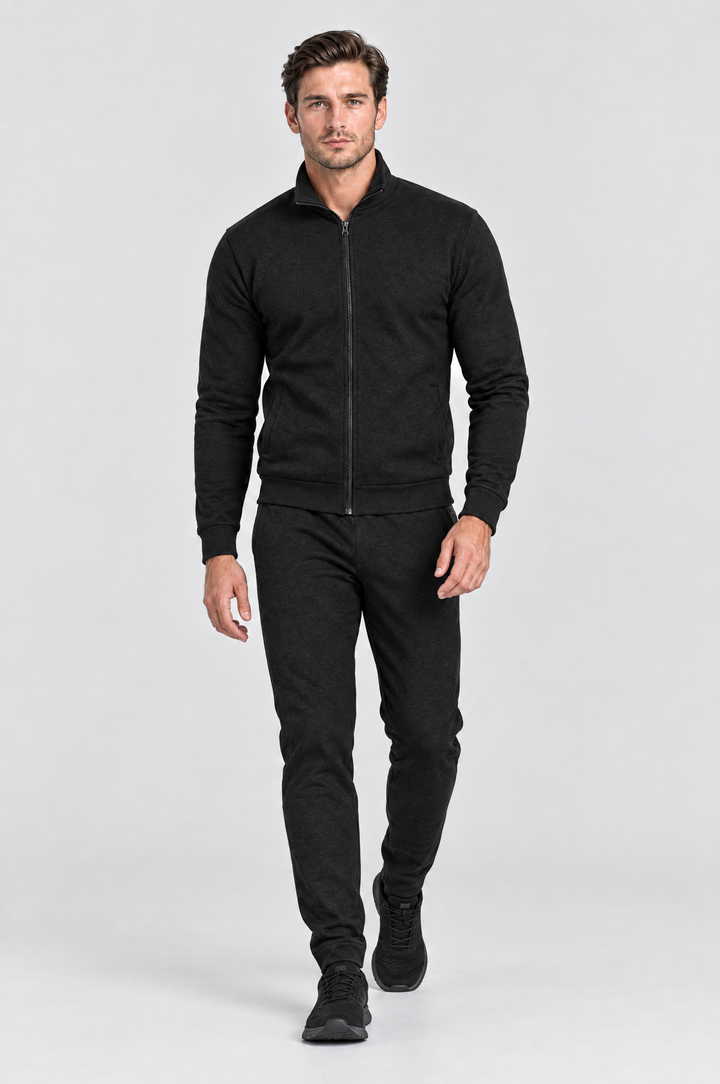 The Stratford Track Jacket in Black, on model, full length