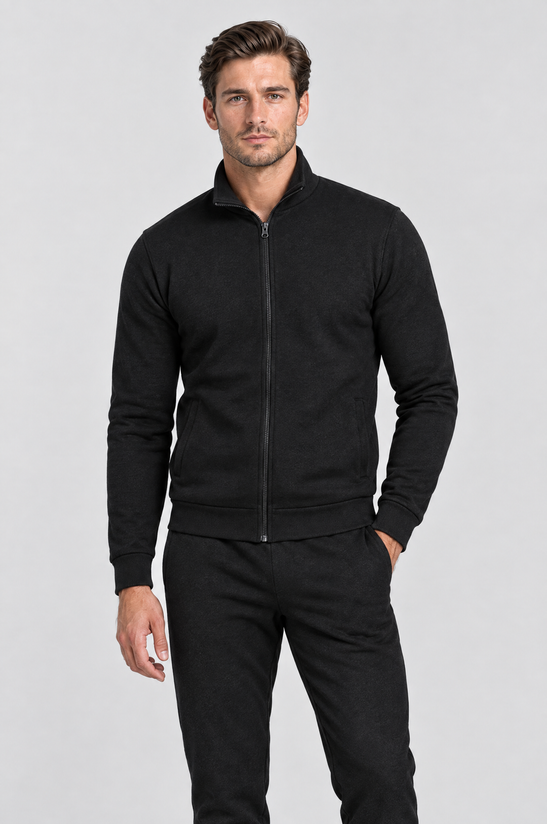 The Stratford Track Jacket in Black, on model, front