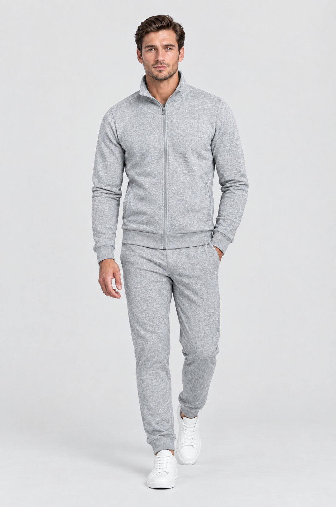 The Stratford Track Jacket in Grey Marl, on model, full length