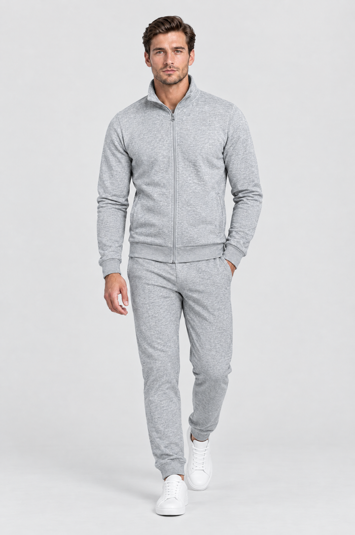 The Stratford Track Jacket in Grey Marl, on model, full length