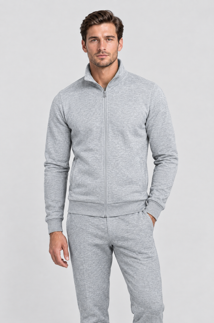 The Stratford Track Jacket in Grey Marl, on model, front