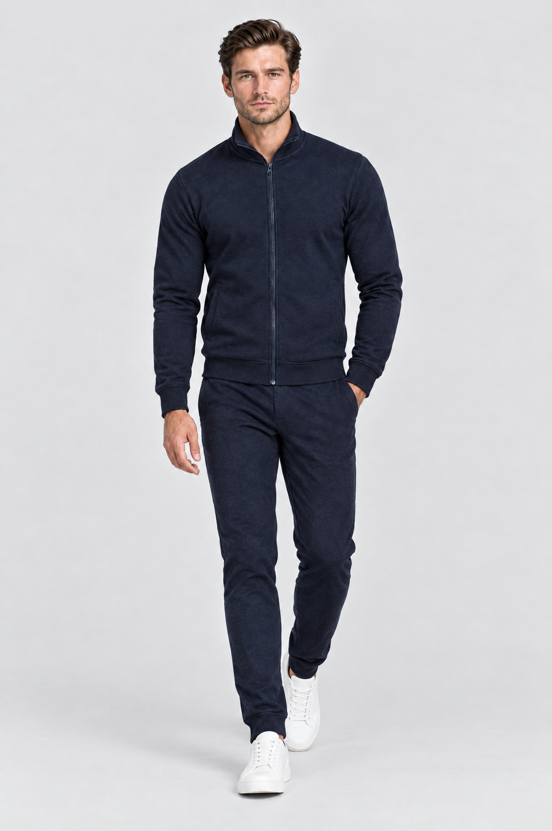 The Stratford Track Jacket in Navy, on model, full length