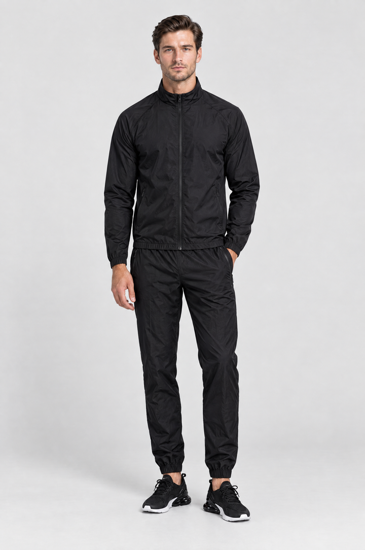The Stratford Track Pant in Black, on model, full length