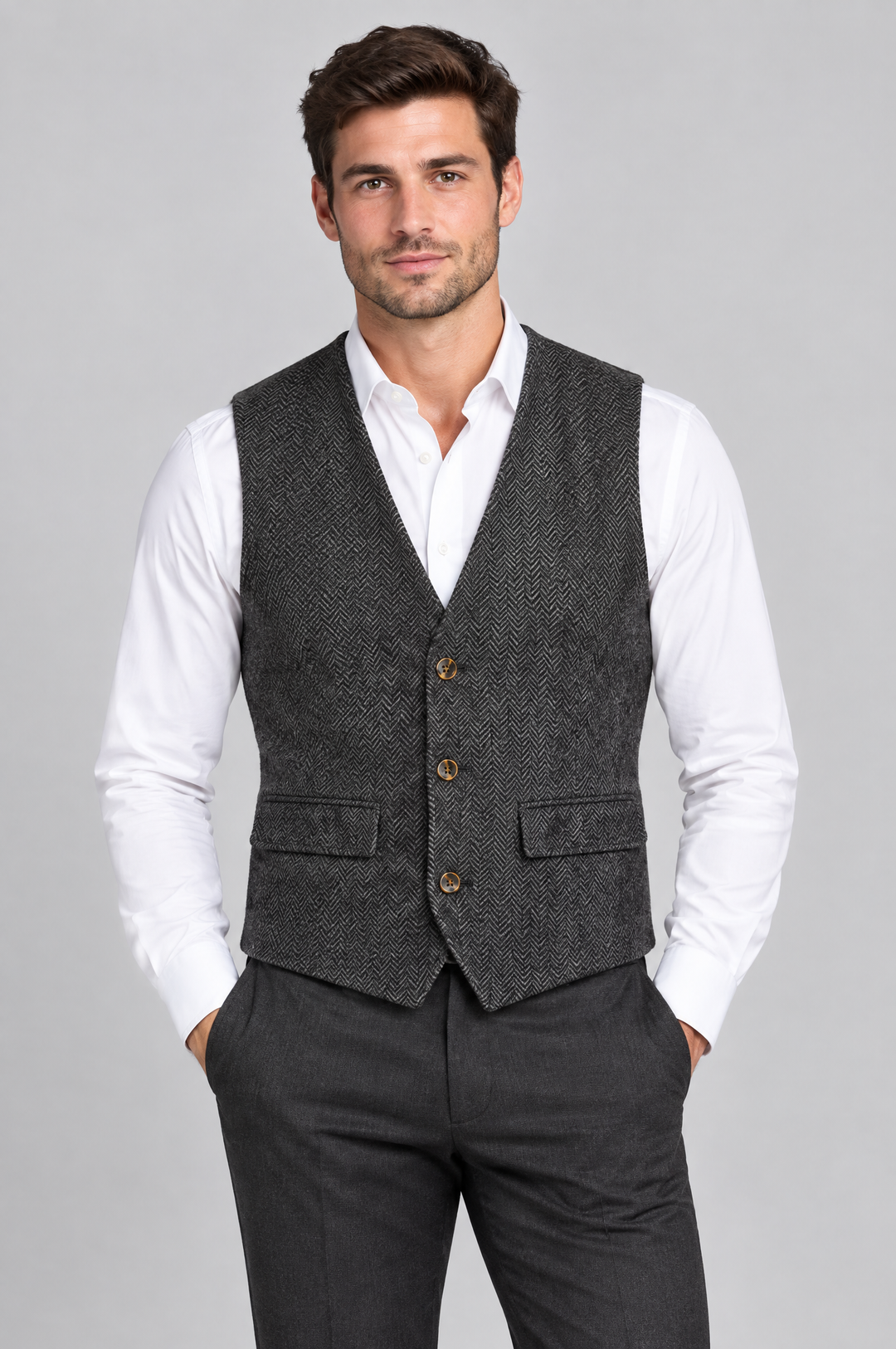 Men's Herringbone Waistcoat in Charcoal – The Temple by WARDLEY