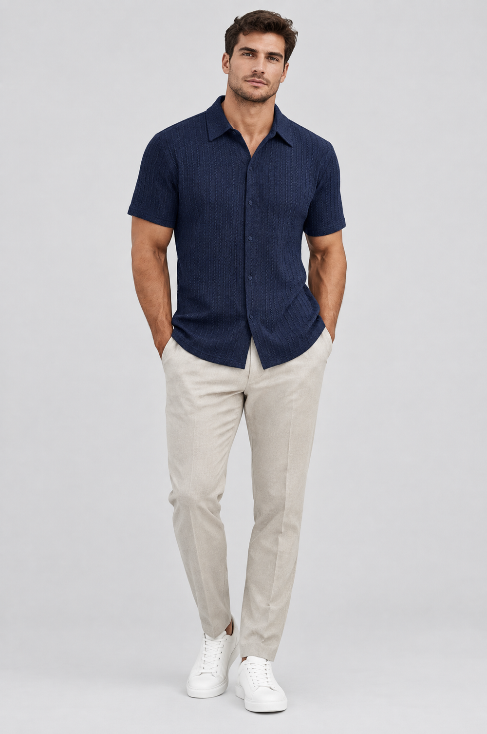 Men's Textured Knit Short Sleeve Shirt in Navy – The Tufnell by WARDLEY