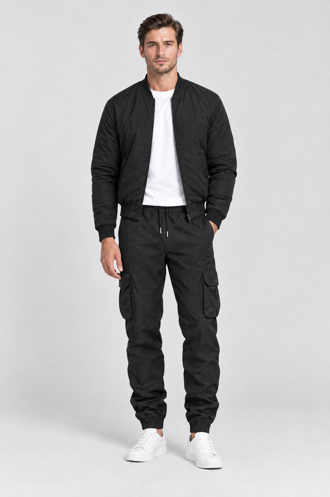 The Wapping Cargo Jogger in Black, on model, full length