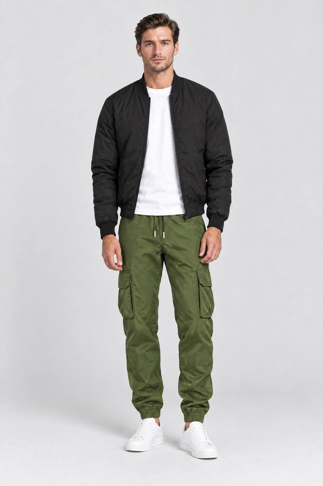 The Wapping Cargo Jogger in Olive, on model, full length