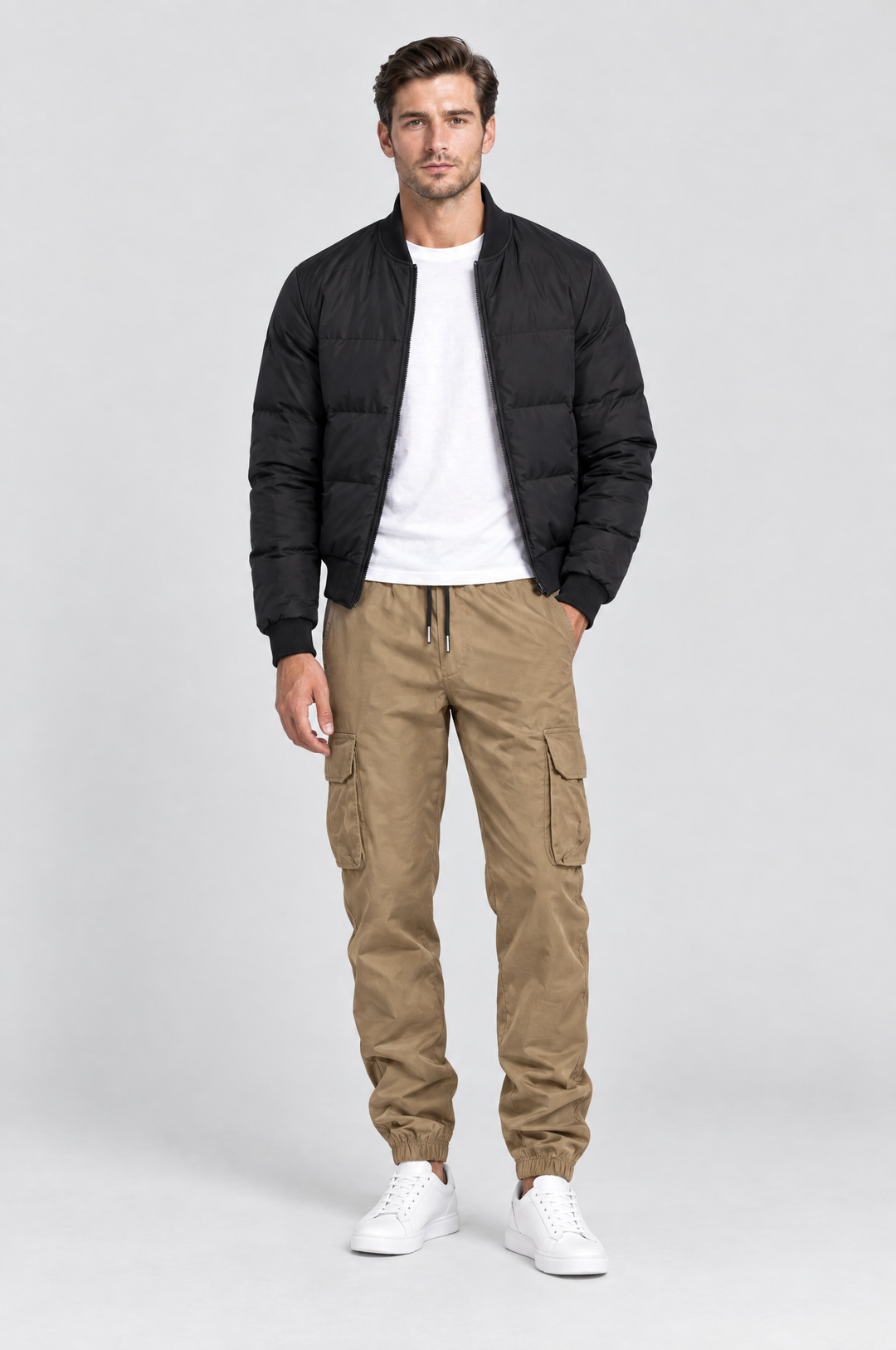 The Wapping Cargo Jogger in Stone, on model, full length