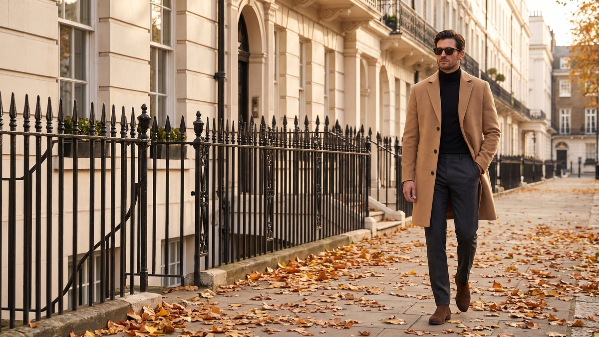 WARDLEY Winter Edit – camel overcoat in Mayfair, London